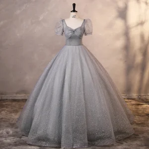 Elegant Grey Sequins Prom Dresses Puffy 2023 Ball Gown Square Neckline Short Sleeve Backless Floor Length Long Prom Formal Dresses