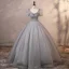 Élégant Gris Paillettes Robe De Bal Gonflée 2023 Robe Boule Encolure Carrée Manches Courtes Dos Nu Longue Promo Robe De Ceremonie