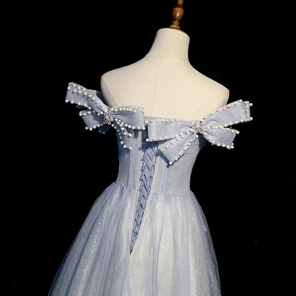 Charmant Bleu Ciel Glitter Paillettes Robe De Soirée 2023 Princesse Bustier Perle Noeud Sans Manches Dos Nu Longue Robe De Ceremonie