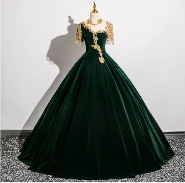 Elegant Dark Green Beading Lace Flower Velvet Prom Dresses 2025 Ball Gown Scoop Neck Short Sleeve Backless Floor-Length / Long Prom Formal Dresses