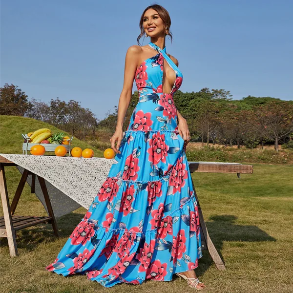 Bohemia Summer Beach Holiday Pool Blue Printing Maxi Dresses 2022 A-Line / Princess High Neck Sleeveless Backless Sweep Train Women Dresses