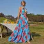 Bohemia Summer Beach Holiday Pool Blue Printing Maxi Dresses 2022 A-Line / Princess High Neck Sleeveless Backless Sweep Train Women Dresses