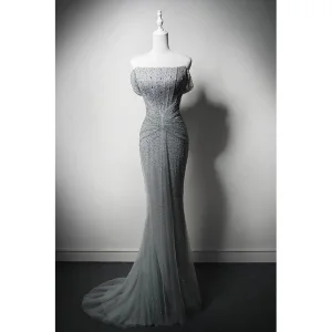 Sparkly Grey Beading Evening Dresses 2024 Trumpet Mermaid Strapless Sleeveless Backless Sweep Train Evening Party Formal Dresses