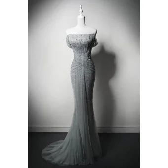 Sparkly Grey Beading Evening Dresses 2024 Trumpet Mermaid Strapless Sleeveless Backless Sweep Train Evening Party Formal Dresses