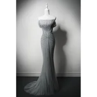 Brillante Gris Rebordear Vestidos de noche 2024 Trumpet / Mermaid Sin Tirantes Sin Mangas Sin Espalda Colas De Barrido Noche Vestidos Formales