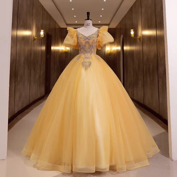 Elegante Himmelblau Perlenstickerei Perle Pailletten Ballkleider 2022 Ballkleid Rundhalsausschnitt Geschwollenes Kurze Ärmel Rückenfreies Lange Festliche Kleider