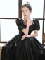 Elegant Black Satin Prom Dresses 2023 A-Line / Princess Square Neckline Puffy Short Sleeve Backless Floor-Length / Long Prom Formal Dresses