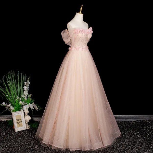 Chic / Beautiful Blushing Pink Appliques Rhinestone Prom Dresses 2025 A-Line / Princess Off-The-Shoulder Short Sleeve Backless Floor-Length / Long Formal Dresses