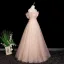 Chic / Beautiful Blushing Pink Appliques Rhinestone Prom Dresses 2025 A-Line / Princess Off-The-Shoulder Short Sleeve Backless Floor-Length / Long Formal Dresses