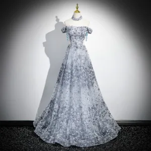 Sparkly Sky Blue Beading Sequins Prom Dresses 2025 A Line Princess Off The Shoulder Short Sleeve Backless Floor Length Long Prom Formal Dresses