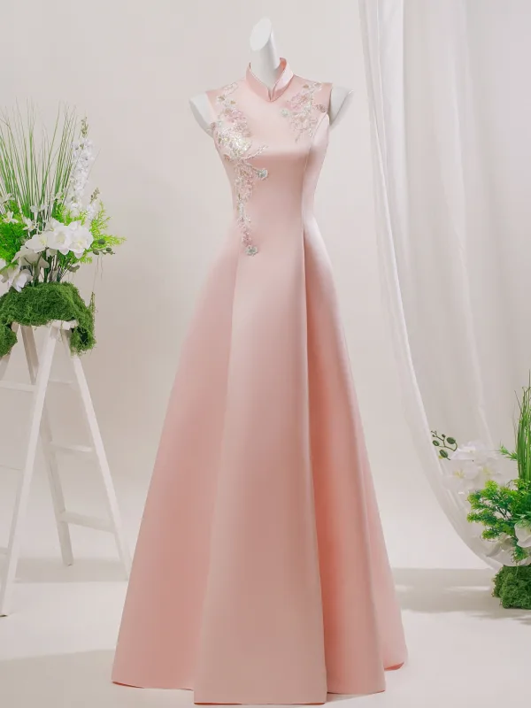 Chinese style Blushing Pink Beading Lace Flower Prom Dresses 2026 A-Line / Princess Floor-Length / Long Polyester High Neck Prom Sleeveless Formal Dresses