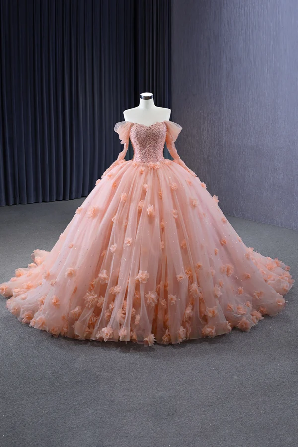 Luxury / Gorgeous Candy Pink Handmade  Beading Pearl Sequins Lace Flower Appliques Cascading Ruffles Prom Dresses 2023 Ball Gown Off-The-Shoulder 3/4 Sleeve Backless