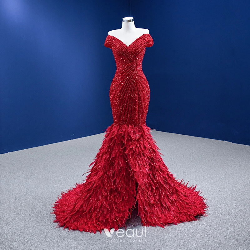 High-end Luxury / Gorgeous Red Evening Dresses 2022 Trumpet / Mermaid Off-The-Shoulder Beading Sequins Short Sleeve Backless Feather Court Train Evening Party Formal Dresses High-end Luxury / Gorgeous Red Evening Dresses 2022 Trumpet / Mermaid Off-The-Shoulder Beading Sequins Short Sleeve Backless Feather Court Train Evening Party Formal Dresses