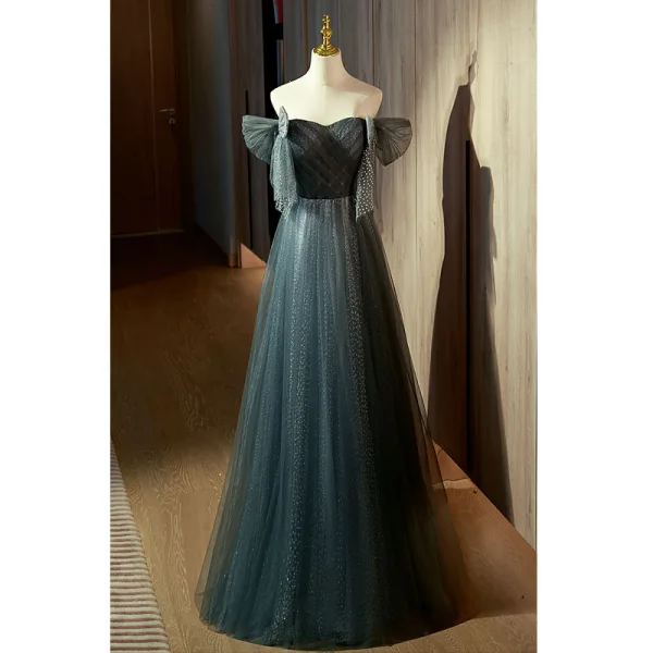 Chic / Beautiful Ink Blue Spotted Prom Dresses 2022 A-Line / Princess Off-The-Shoulder Short Sleeve Backless Sequins Bow Floor-Length / Long Formal Dresses