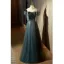 Chic / Beautiful Ink Blue Spotted Prom Dresses 2022 A-Line / Princess Off-The-Shoulder Short Sleeve Backless Sequins Bow Floor-Length / Long Formal Dresses