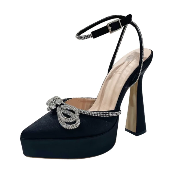 Sexy Schwarz Abend Sandalen Damen 2022 Strass Schleife Knöchelriemen 11 cm Stilettos Spitzschuh Sandaletten Hochhackige