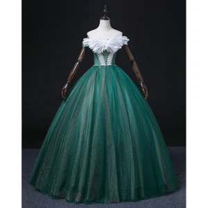 Elegant Dark Green Pearl Sequins Prom Dresses 2022 Ball Gown Off The Shoulder Short Sleeve Backless Floor Length Long Prom Formal Dresses