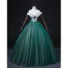 Elegant Dark Green Pearl Sequins Prom Dresses 2022 Ball Gown Off-The-Shoulder Short Sleeve Backless Floor-Length / Long Prom Formal Dresses