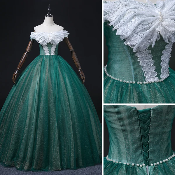 Elegant Dark Green Pearl Sequins Prom Dresses 2022 Ball Gown Off-The-Shoulder Short Sleeve Backless Floor-Length / Long Prom Formal Dresses