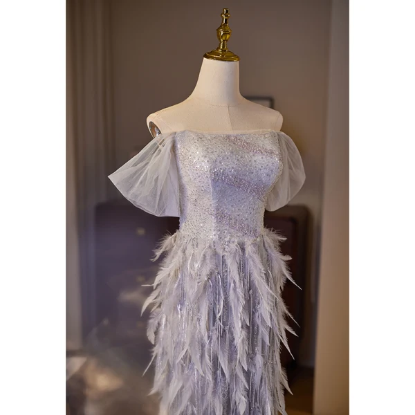 Charmant Lavande Paillettes Plumes Robe De Soirée 2024 Trompette / Sirène De l'épaule Manches Courtes Dos Nu Longue Soirée Robe De Ceremonie