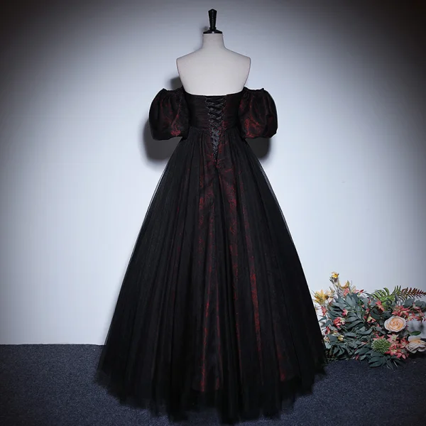 Vintage / Retro Burgundy Prom Dresses 2023 A-Line / Princess Off-The-Shoulder Short Sleeve Backless Floor-Length / Long Prom Formal Dresses