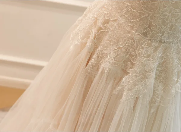 High-end Champagne Handmade Lace Flower Wedding Dresses 2026 A-Line / Princess Spaghetti Straps Sleeveless Backless Bow Floor-Length / Long Wedding