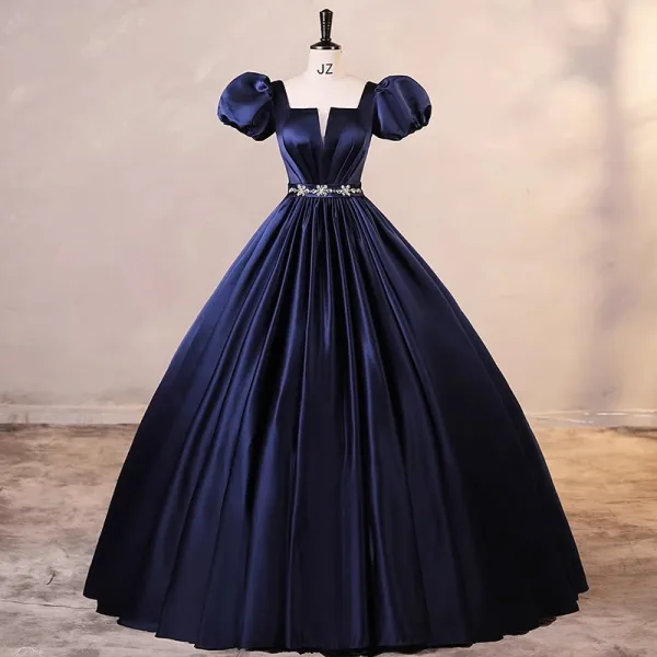Elegant Burgundy Satin Prom Dresses 2023 Ball Gown Square Neckline Puffy Short Sleeve Backless Rhinestone Sash Floor-Length / Long Prom Formal Dresses