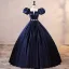 Elegant Burgundy Satin Prom Dresses 2023 Ball Gown Square Neckline Puffy Short Sleeve Backless Rhinestone Sash Floor-Length / Long Prom Formal Dresses