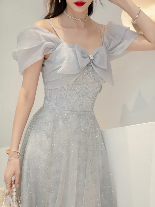 Fashion Grey Rhinestone Evening Dresses  2022 A-Line / Princess Spaghetti Straps Bow Short Sleeve Backless Floor-Length / Long Evening Party Formal Dresses