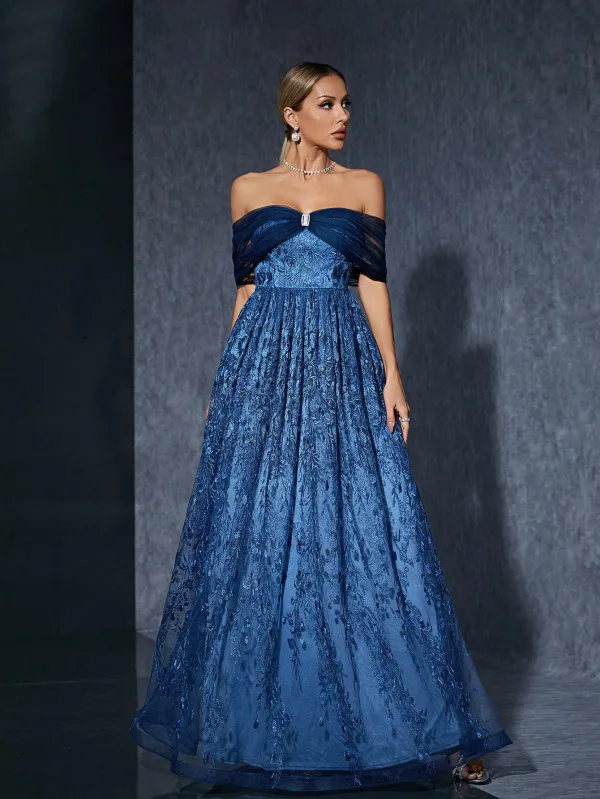 Vintage / Retro Ocean Blue Lace Flower Prom Dresses 2025 A-Line / Princess Off-The-Shoulder Sleeveless Backless Floor-Length / Long Prom Formal Dresses