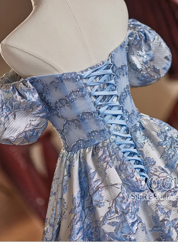 Chic / Beautiful Sky Blue Beading Sequins Lace Flower Prom Dresses 2024 Ball Gown Off-The-Shoulder Puffy Short Sleeve Backless Floor-Length / Long Prom Formal Dresses