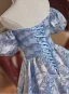 Chic / Beautiful Sky Blue Beading Sequins Lace Flower Prom Dresses 2024 Ball Gown Off-The-Shoulder Puffy Short Sleeve Backless Floor-Length / Long Prom Formal Dresses