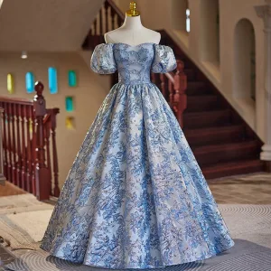 Chic Beautiful Sky Blue Beading Sequins Lace Flower Prom Dresses 2024 Ball Gown Off The Shoulder Puffy Short Sleeve Backless Floor Length Long Prom Formal Dresses