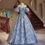 Chic / Beautiful Sky Blue Beading Sequins Lace Flower Prom Dresses 2024 Ball Gown Off-The-Shoulder Puffy Short Sleeve Backless Floor-Length / Long Prom Formal Dresses