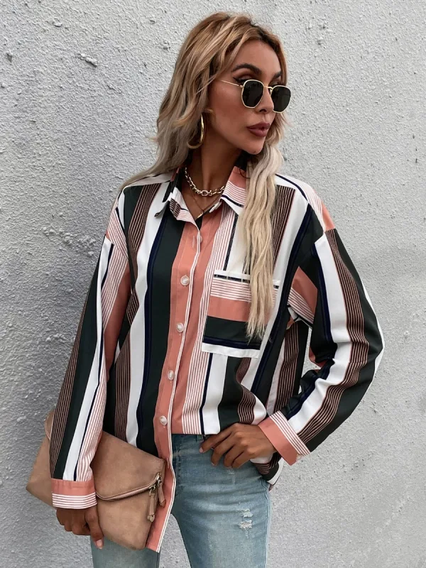 Fashion Women Multi-Colors Stripe Loose Blouses 2021 Lapel Long Sleeve Street Wear