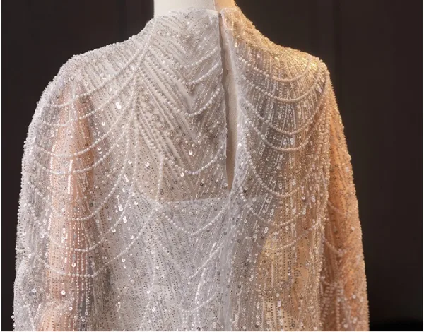 Luxury / Gorgeous Grey Handmade Beading Pearl Sequins Evening Dresses 2025 Trumpet / Mermaid Scoop Neck Short Sleeve Floor-Length / Long Evening Party Formal Dresses
