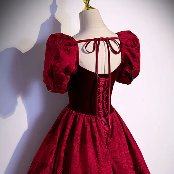 Elegant Burgundy Suede Lace Flower Prom Dresses 2022 A-Line / Princess Square Neckline Puffy Short Sleeve Backless Bow Floor-Length / Long Formal Dresses
