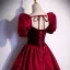 Elegant Burgundy Suede Lace Flower Prom Dresses 2022 A-Line / Princess Square Neckline Puffy Short Sleeve Backless Bow Floor-Length / Long Formal Dresses