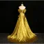Unique Gold Spitze Blumen Satin Ballkleider 2024 A Linie Off Shoulder Kurze Ärmel Rückenfreies Sweep / Pinsel Zug Ball Festliche Kleider