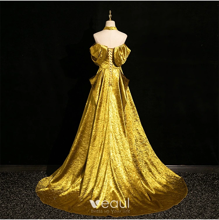 Amazing / Unique Gold Lace Flower Satin Prom Dresses 2024 A-Line / Princess  Off-The-Shoulder Short Sleeve Backless Sweep Train Prom Formal Dresses