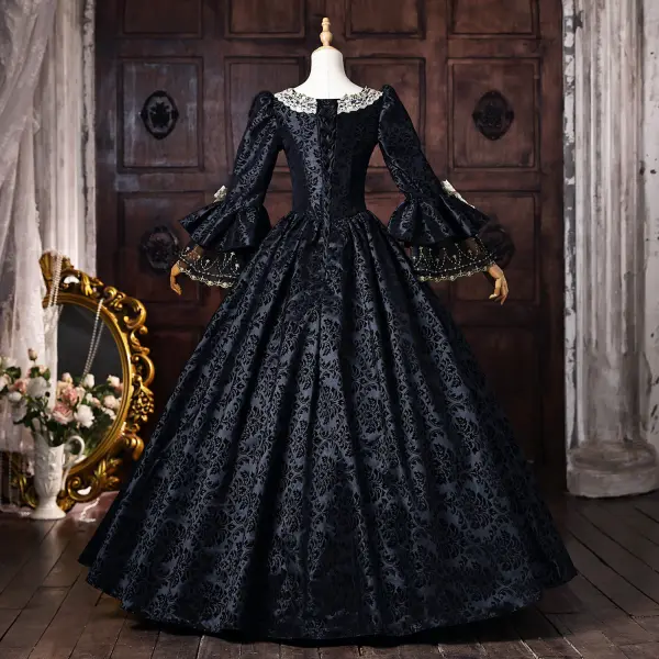 Vintage / Retro Medieval Black Halloween Lace Flower Printing Bow Prom Dresses 2026 Ball Gown Square Neckline Bell sleeves Floor-Length / Long Formal Dresses