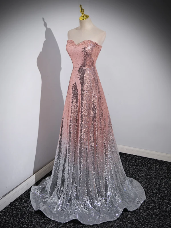 Glitzernden Farbverlauf Rosa Pailletten Abendkleider 2023 A Linie Bandeau Ärmellos Rückenfreies Sweep / Pinsel Zug Abend Festliche Kleider
