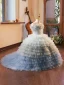 Charmant Bleu Ciel Perlage Perle Paillettes Volants en Cascade Anniversaire Robe Ceremonie Fille 2024 Robe Boule Encolure Dégagée Sans Manches Dos Nu Tribunal Train