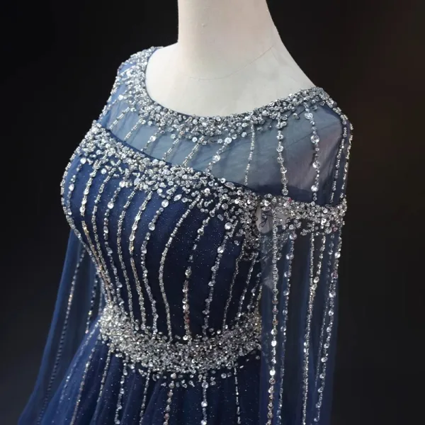High-end Vintage / Retro Navy Blue Handmade Beading Rhinestone Sequins Prom Dresses 2024 Ball Gown Scoop Neck Sleeveless Backless Floor-Length / Long Formal Dresses