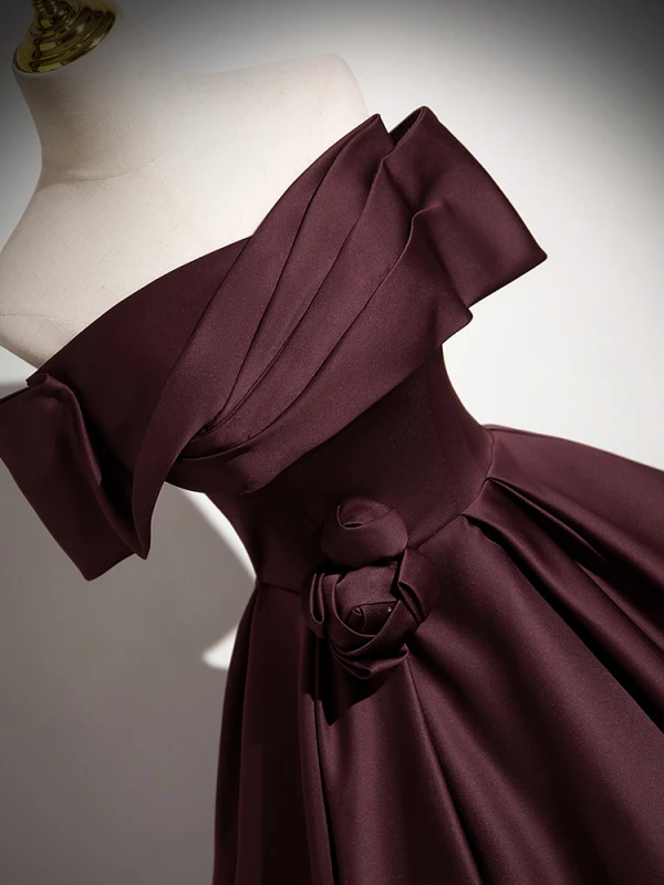 Vintage / Retro Burgundy Satin Prom Dresses 2024 Ball Gown Off-The-Shoulder Short Sleeve Backless Floor-Length / Long Prom Formal Dresses