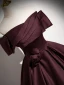 Vintage / Retro Burgundy Satin Prom Dresses 2024 Ball Gown Off-The-Shoulder Short Sleeve Backless Floor-Length / Long Prom Formal Dresses