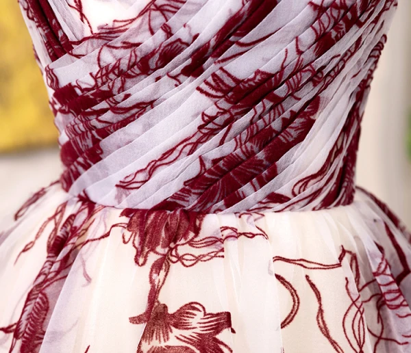 Chic / Beautiful Burgundy Printing Prom Dresses 2024 A-Line / Princess Square Neckline Puffy Short Sleeve Backless Floor-Length / Long Prom Formal Dresses