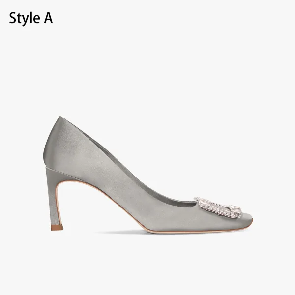 Elegante Grau Ball Strass Satin Pumps 2025 7 cm Stilettos Quadratische Zehe Pumps Hochhackige