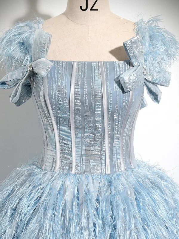 Fashion Sky Blue Bow Tassel Prom Dresses 2024 Ball Gown Square Neckline Short Sleeve Backless Floor-Length / Long Prom Formal Dresses