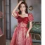 Elegant Burgundy Sequins Evening Dresses 2022 A-Line / Princess Square Neckline Short Sleeve Backless Bow Floor-Length / Long Evening Party Formal Dresses